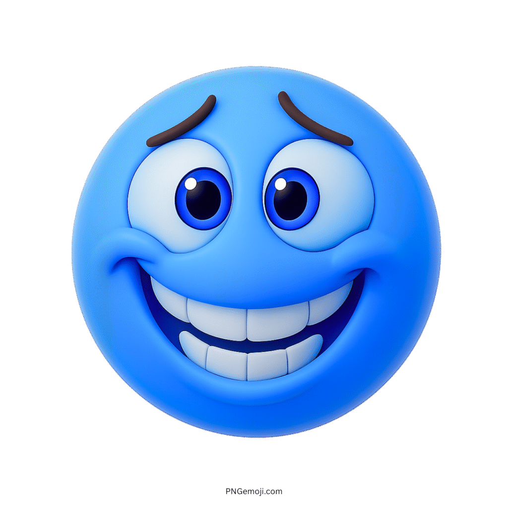 3D pensive grin blue emoji face with big eyes and awkward smile
