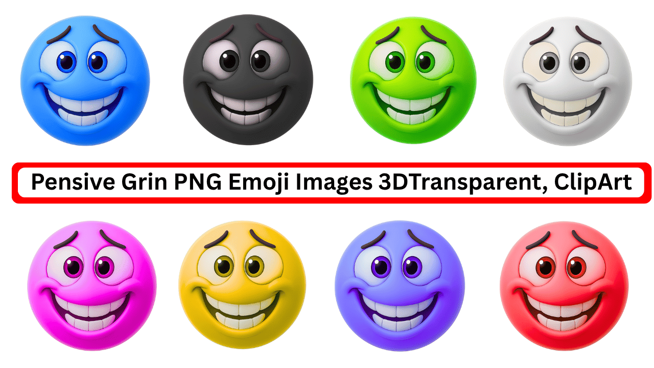 Colorful 3D pensive grin emoji set with awkward smile and raised brows
