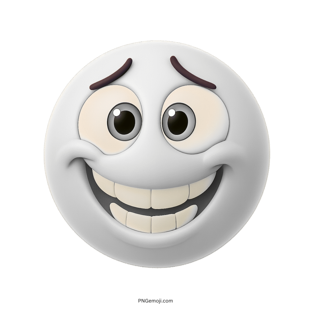 3D pensive grin emoji with raised brows and awkward smile expression
