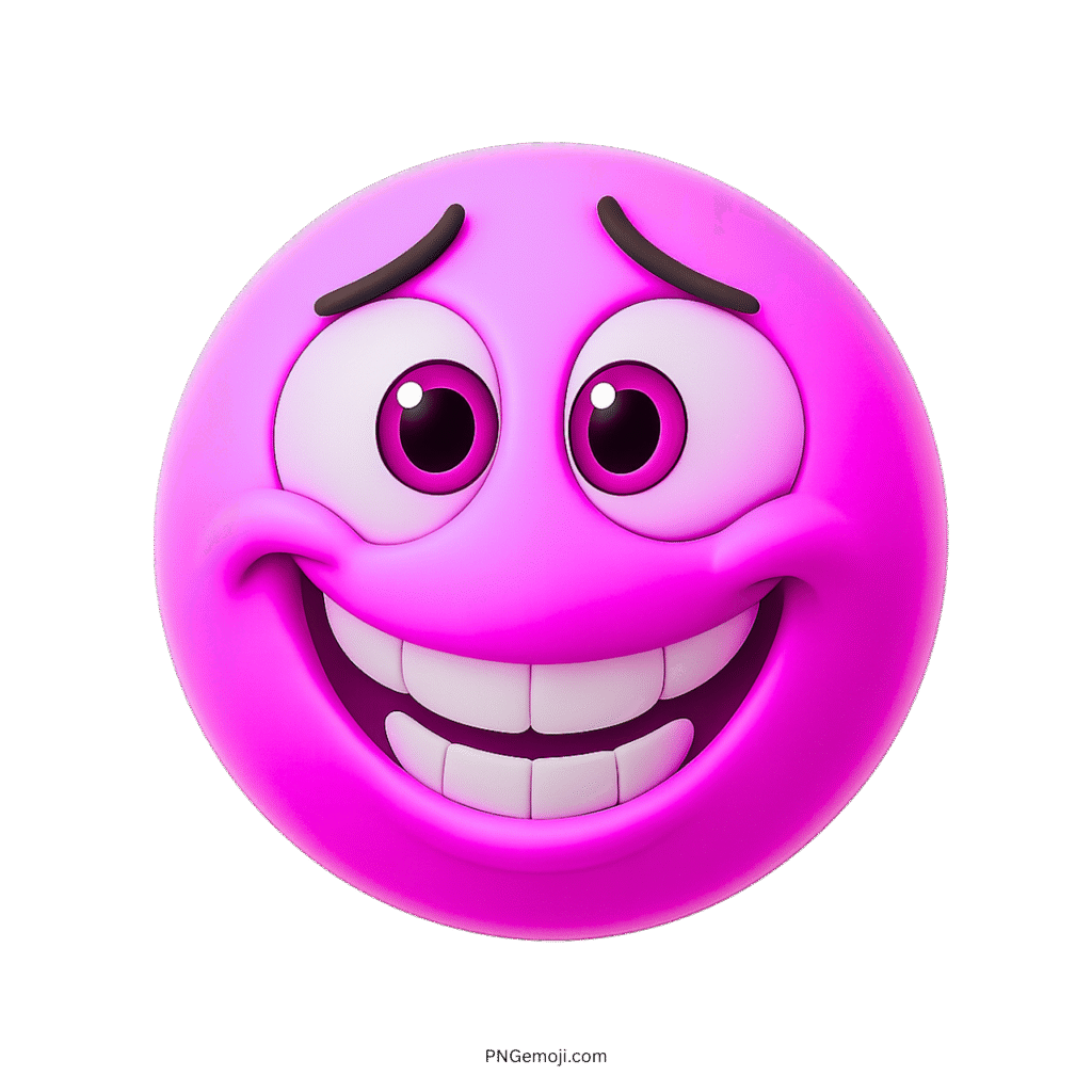 3D pink emoji with pensive grin, nervous cute eyes and glossy texture