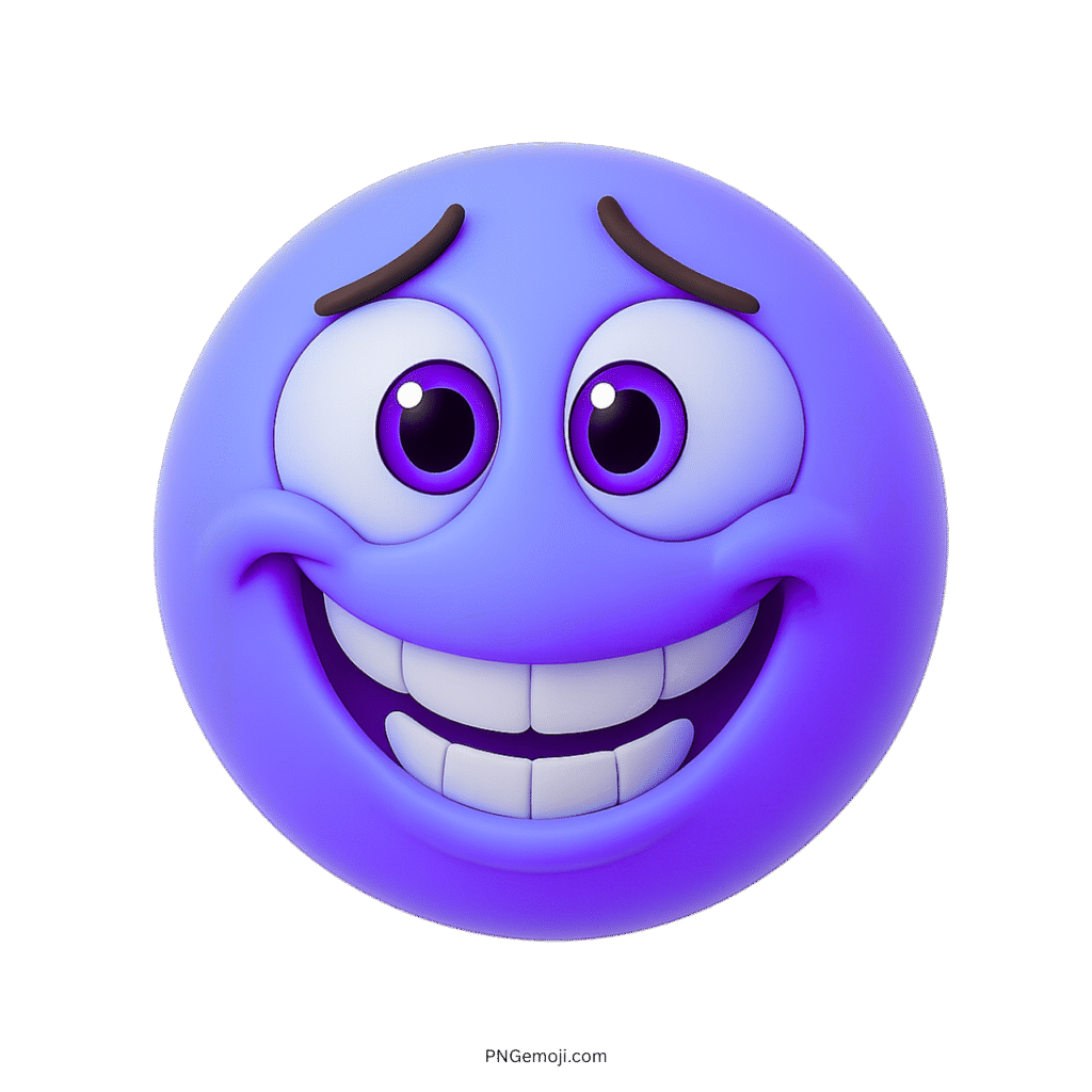 3D purple emoji with shy grin, curved eyebrows and nervous wide eyes