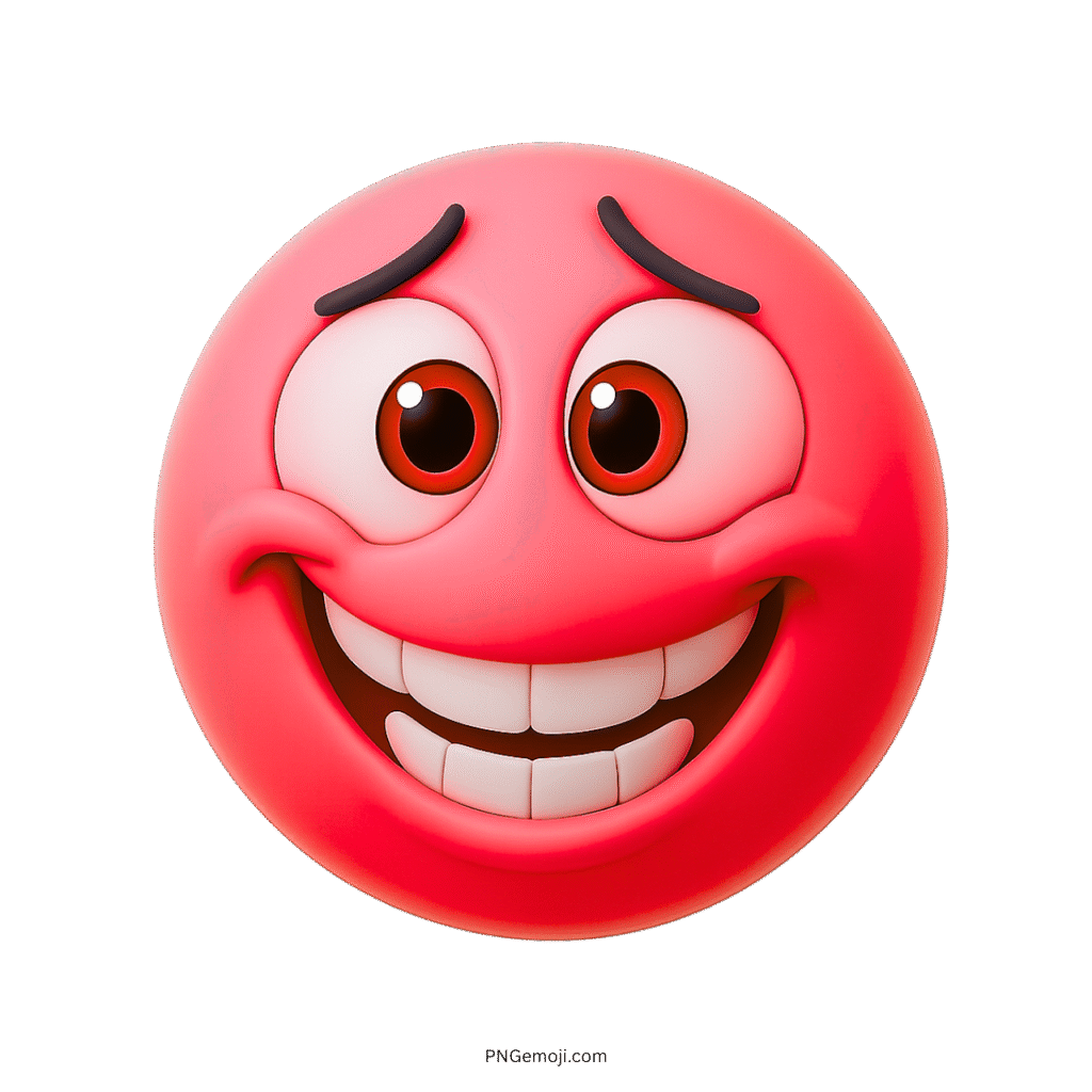 3D red emoji with pensive grin, raised brows and wide awkward smile