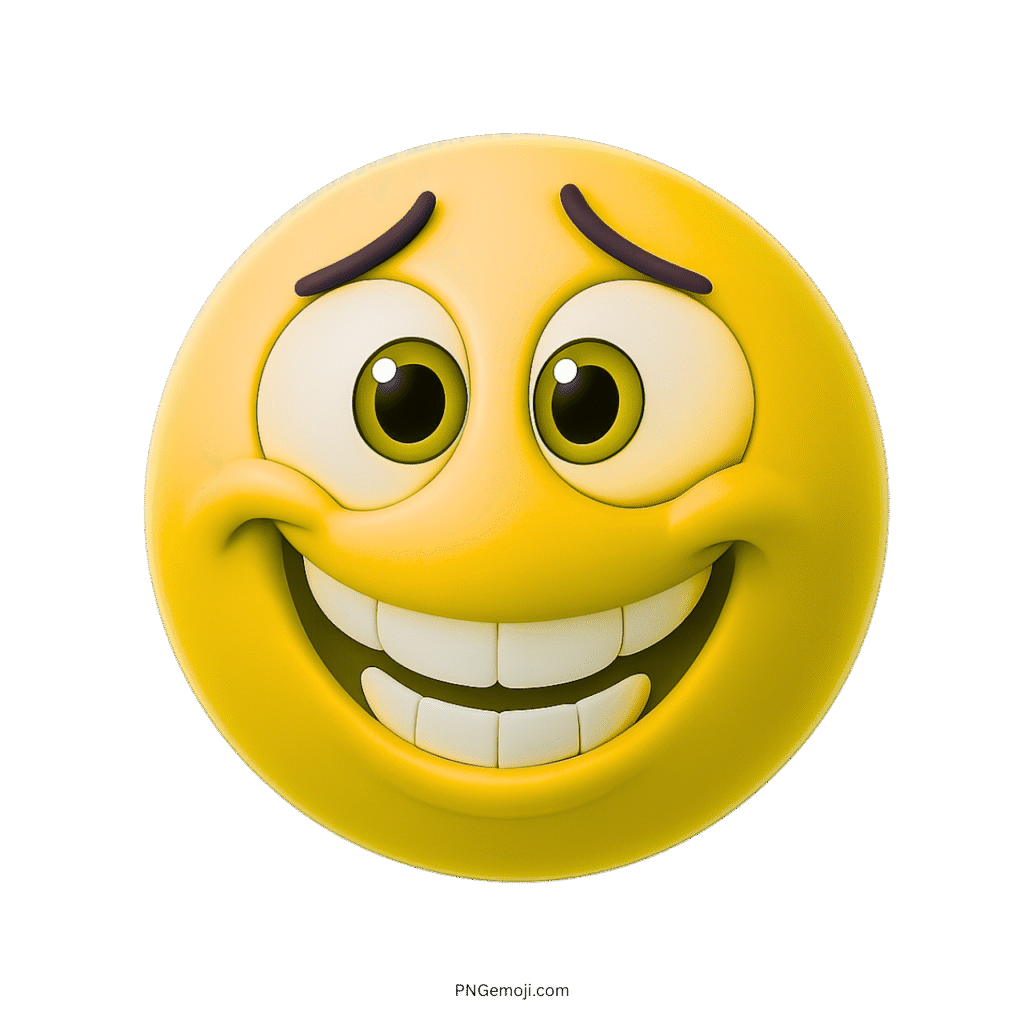 3D yellow emoji with pensive grin, raised eyebrows and nervous wide eyes