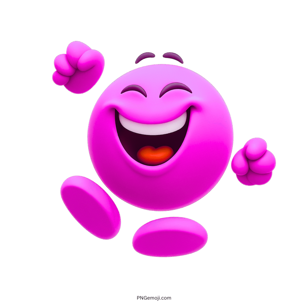 Pink 3D emoji jumping joyfully with hands raised and a big, happy smile