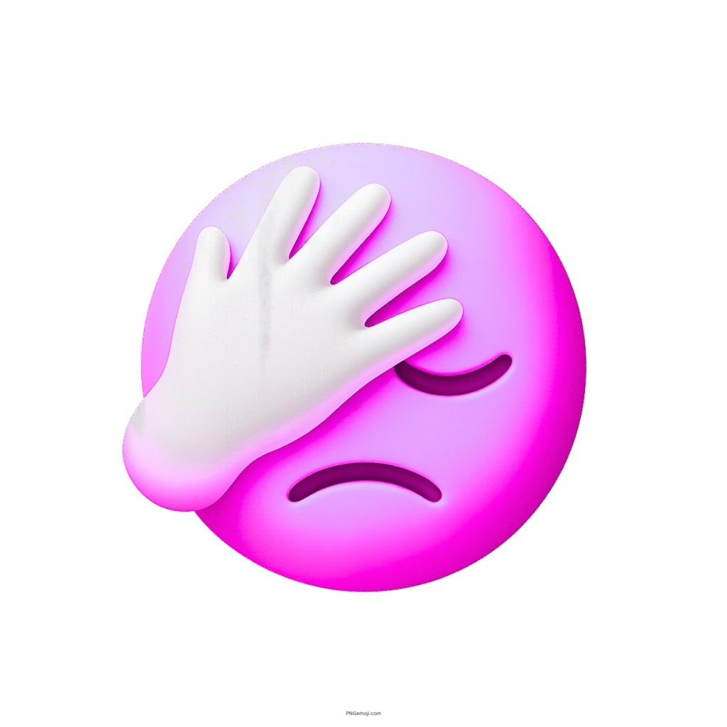 Pink 3D facepalm emoji with white hand showing sadness and frustration