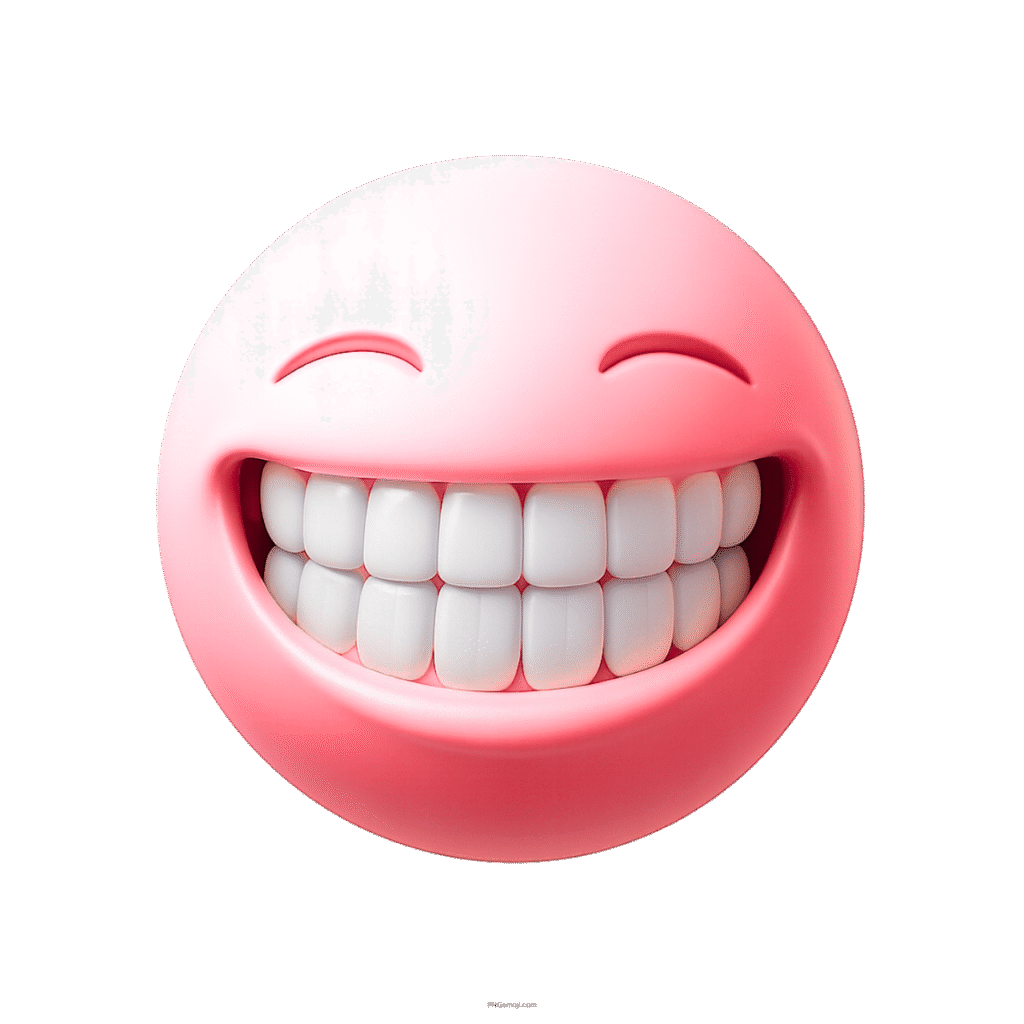 3D pink smiling emoji face with bright white teeth and happy closed eyes