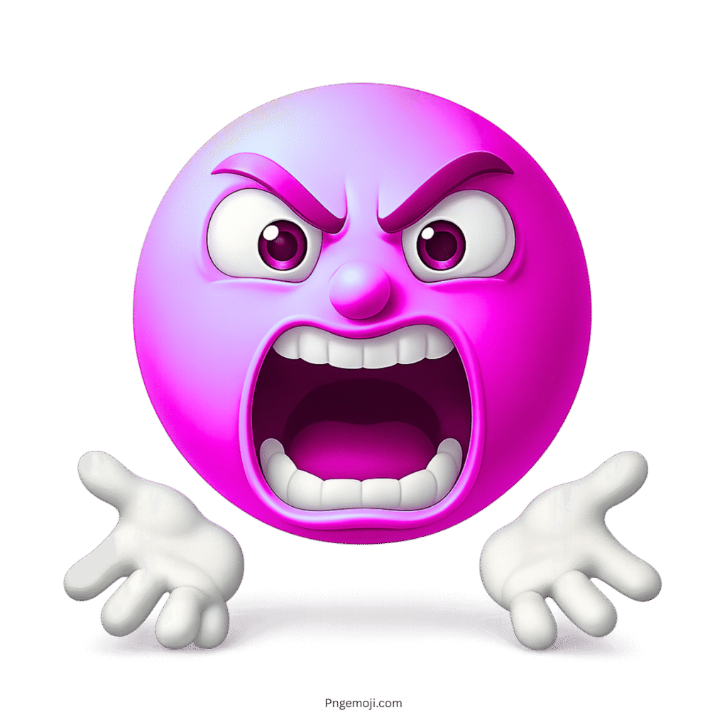 Pink emoji yelling with raised hands and intense angry expression on face