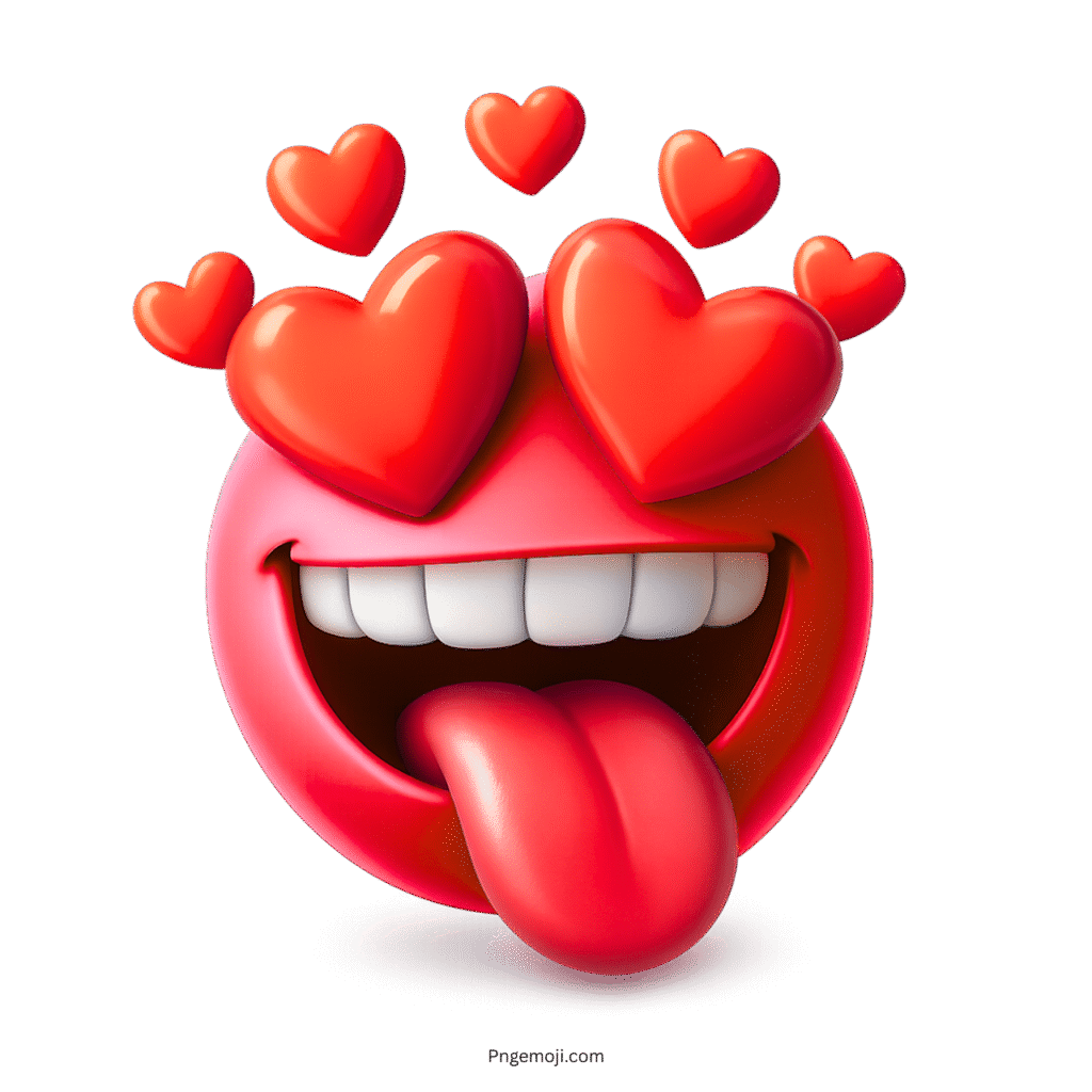 Pink emoji with heart-shaped eyes and tongue out showing crazy, fun, and romantic emotion
