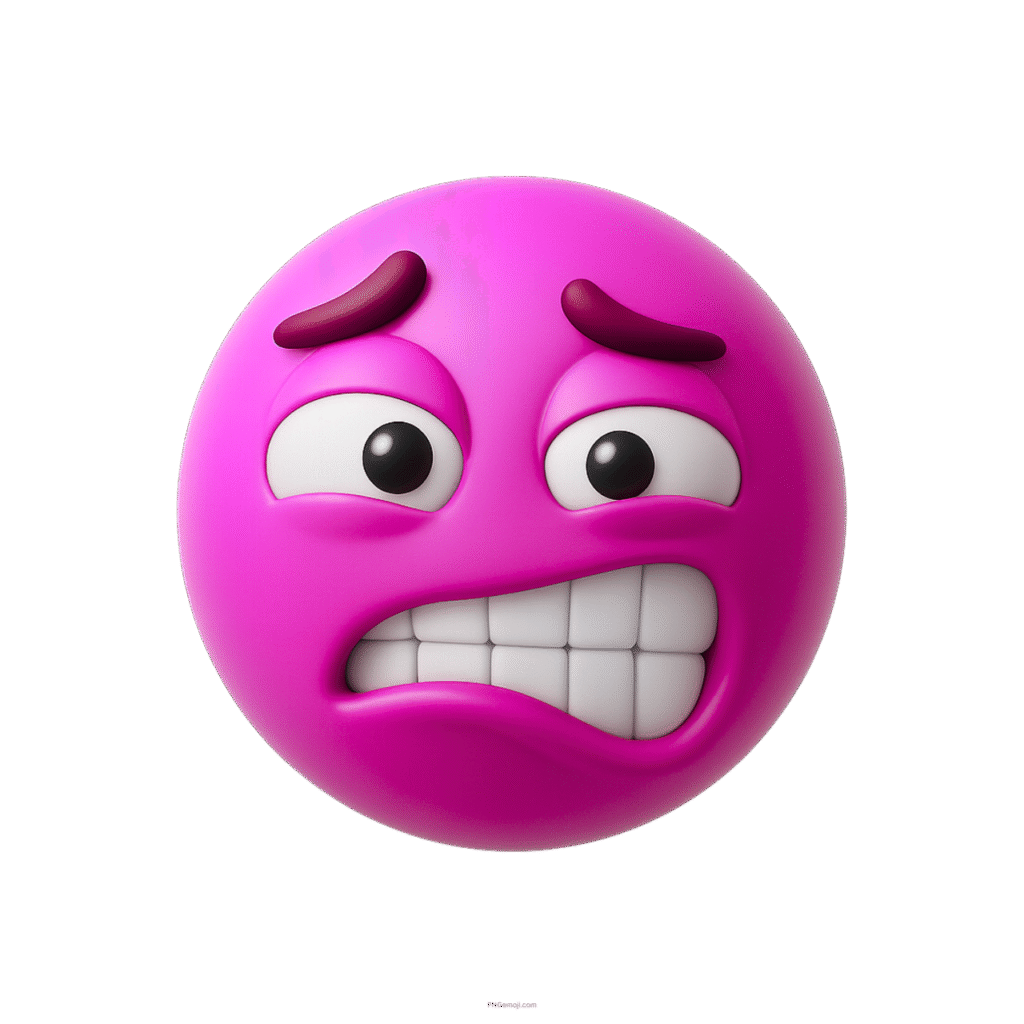 Pink emoji with uneasy cringe face, clenched teeth, and worried cartoon expression.