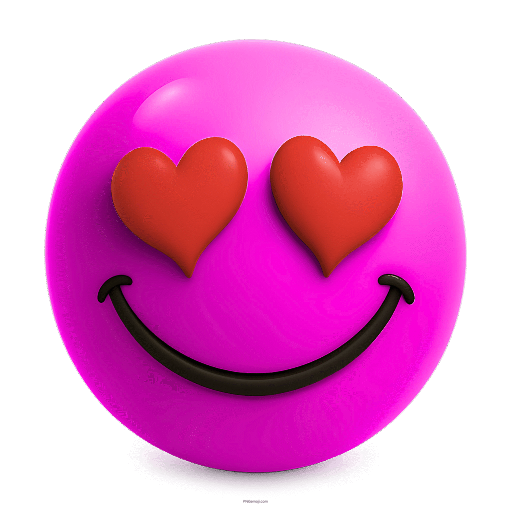 Vibrant pink 3D emoji with red heart eyes and a smiling expression