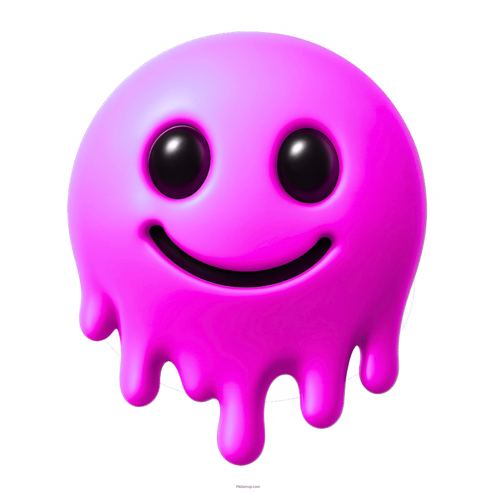 3D pink melting smiley emoji with glossy texture, black eyes, and a happy face