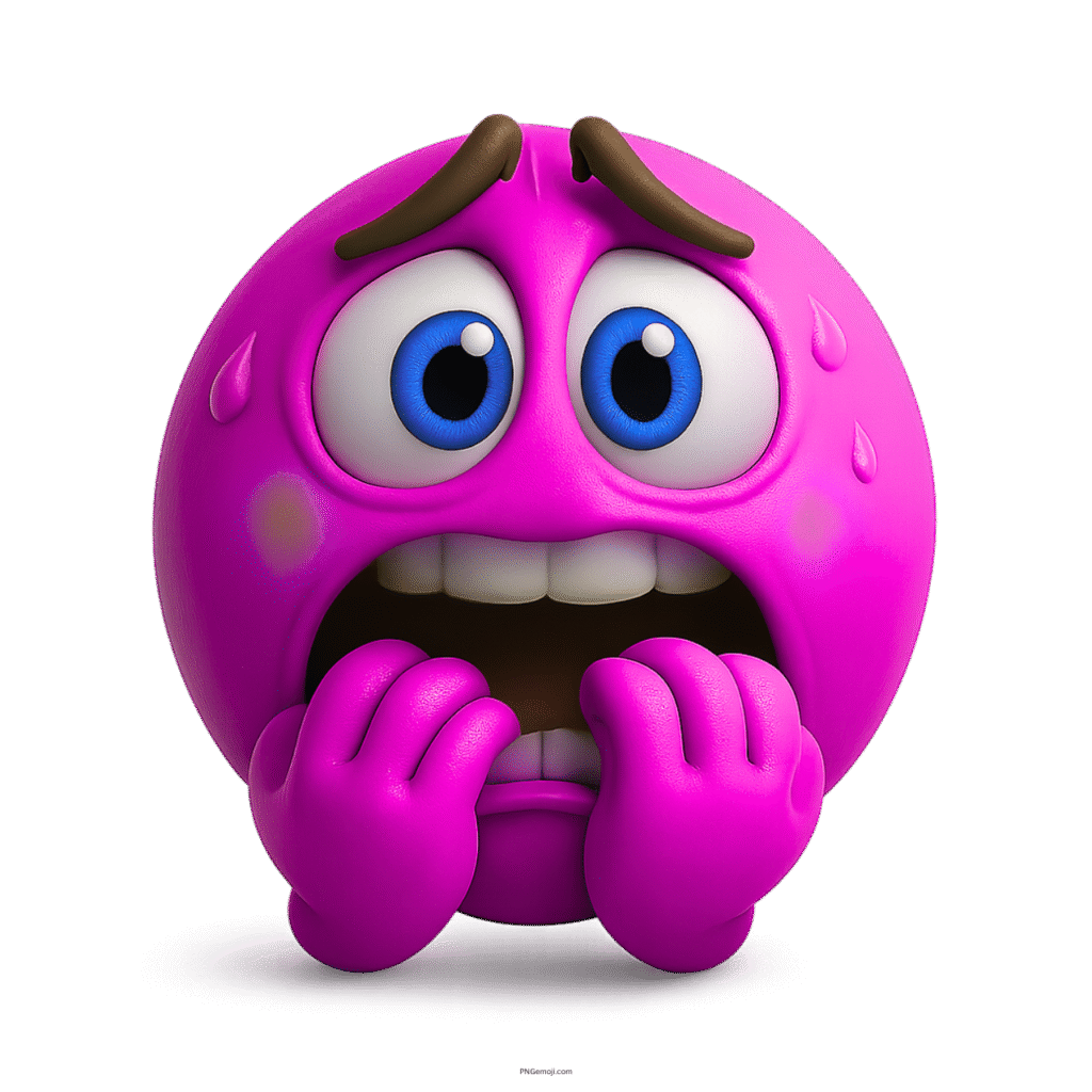 Pink scared emoji biting nails with wide eyes and sweat in 3D style