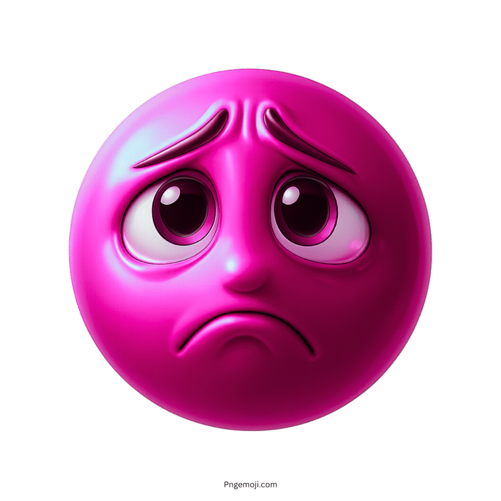 Glossy pink sad emoji with emotional teary eyes and expressive sorrowful facial features