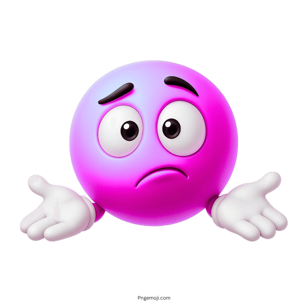 3D pink shrug emoji with unsure face and raised hands on a transparent background