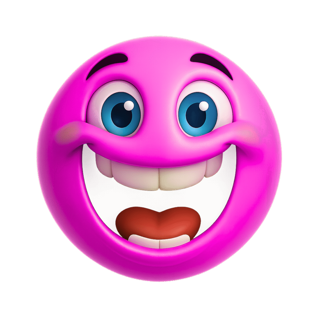 Pink 3D smiling emoji cartoon face with big white teeth, blue eyes, and joy