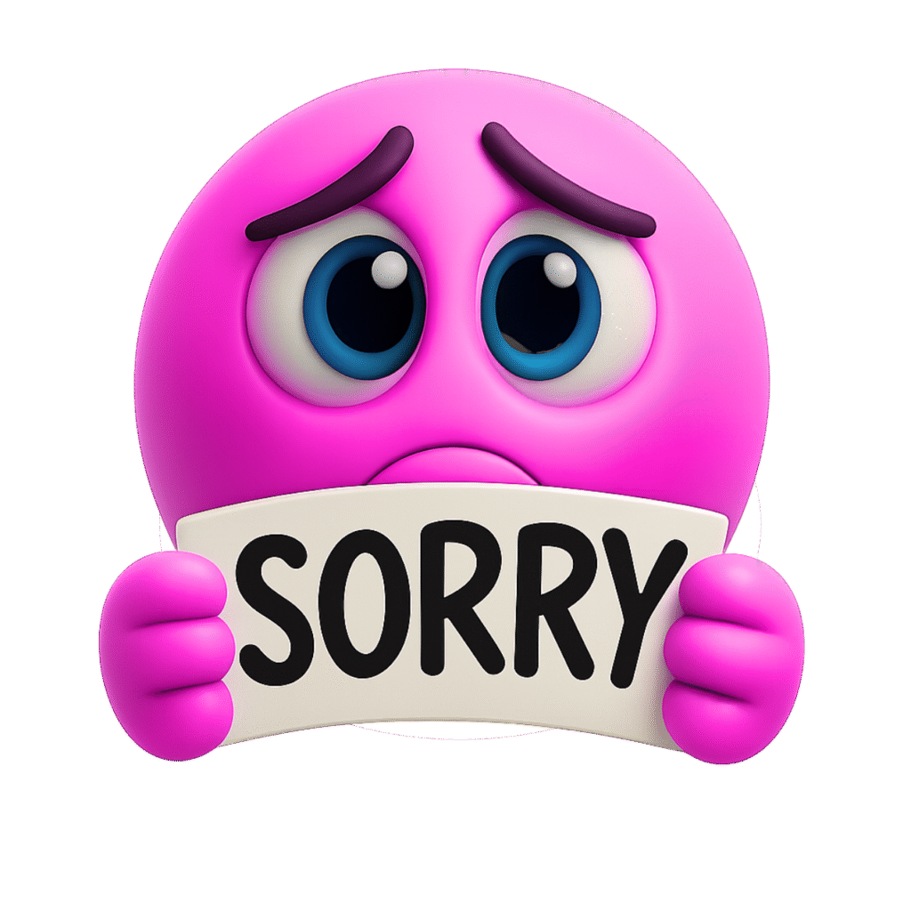 Pink emoji with sad eyes holding a sorry sign to express apology and regret.