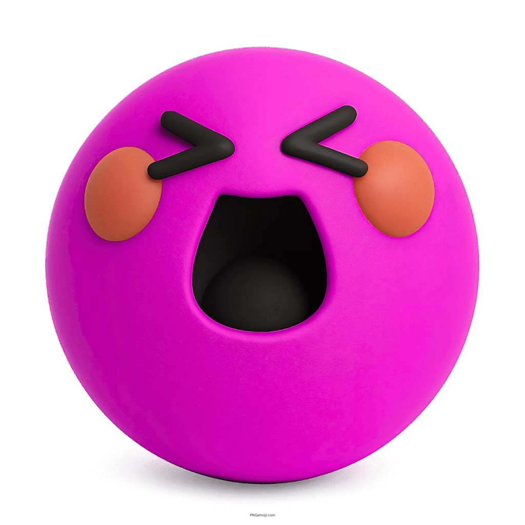 3D pink TikTok happy emoji with funny face, blushing cheeks, and joyful expression