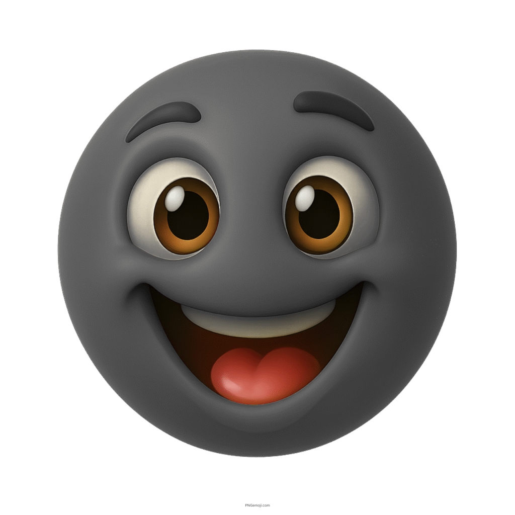 Playful happy black smiley emoji with expressive eyes and wide open mouth in 3D