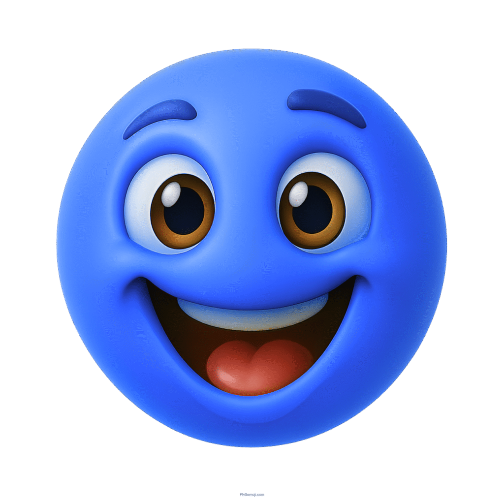 Playful happy blue smiley emoji with wide eyes and open mouth in 3D style