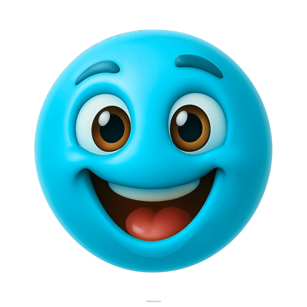 Playful blue emoji with big smile, cheerful eyes, and 3D cartoon style