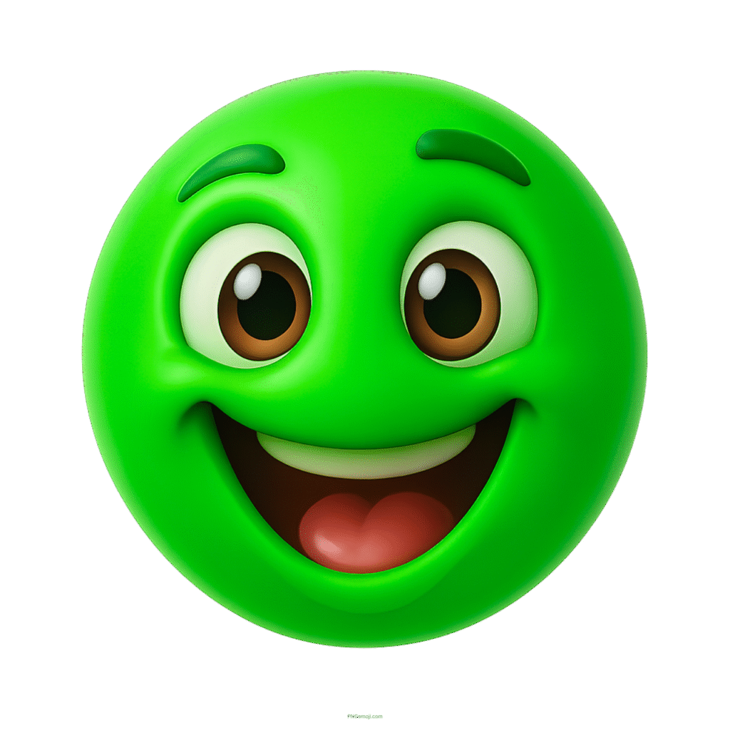 Playful green smiley emoji with excited eyes and joyful expression in 3D design