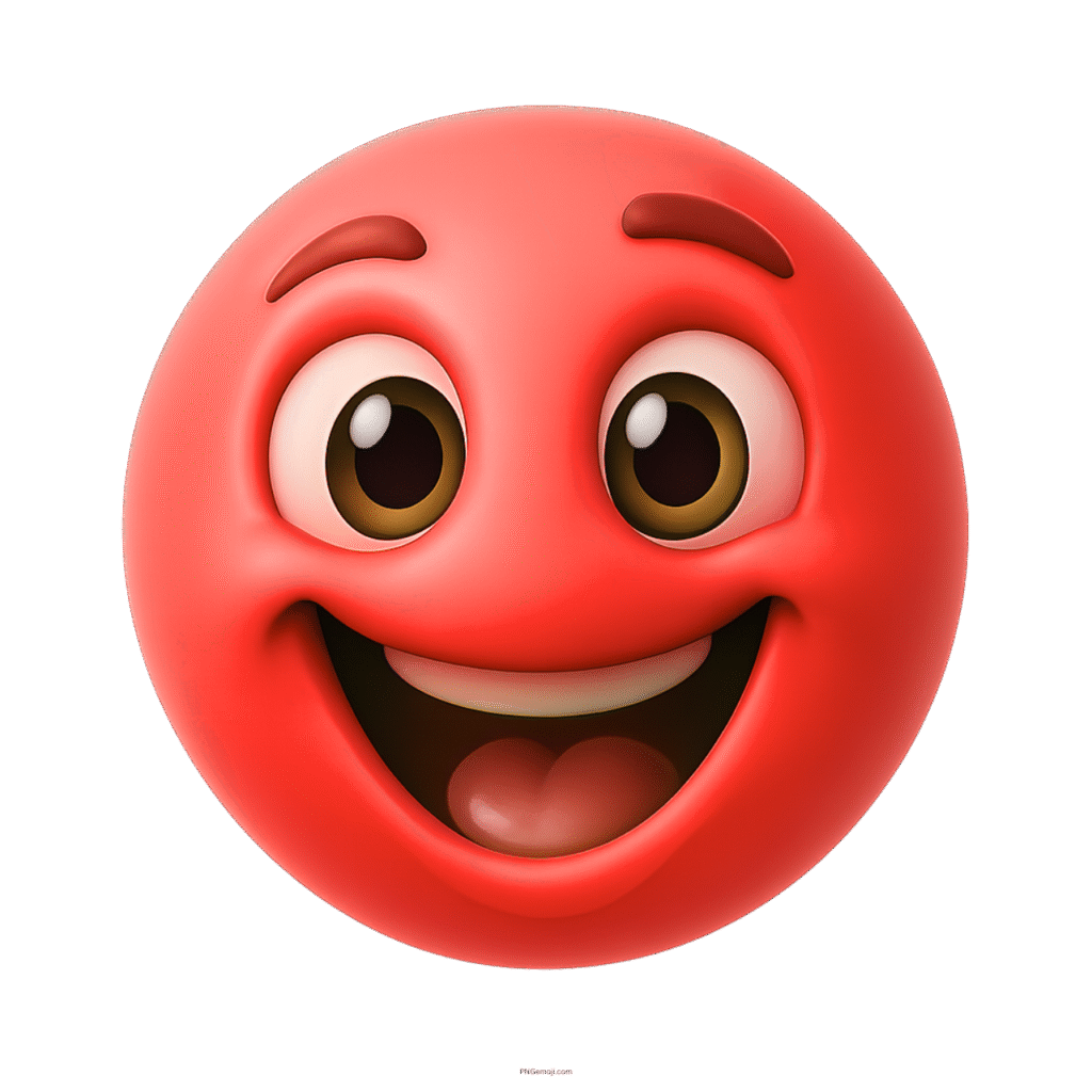 Playful red smiley emoji with joyful expression and wide eyes in 3D style
