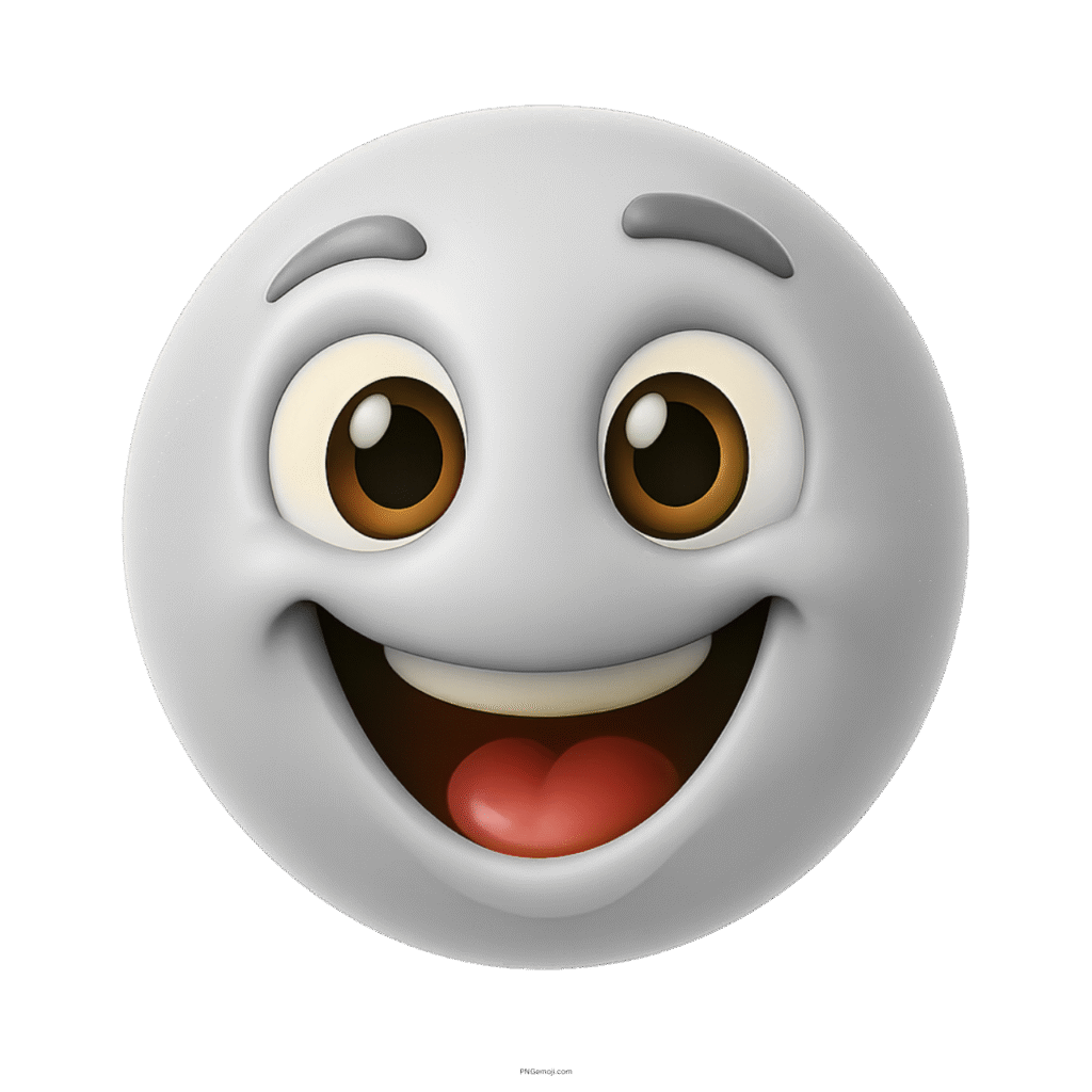 Playful happy white smiley emoji with big eyes and open mouth in 3D style