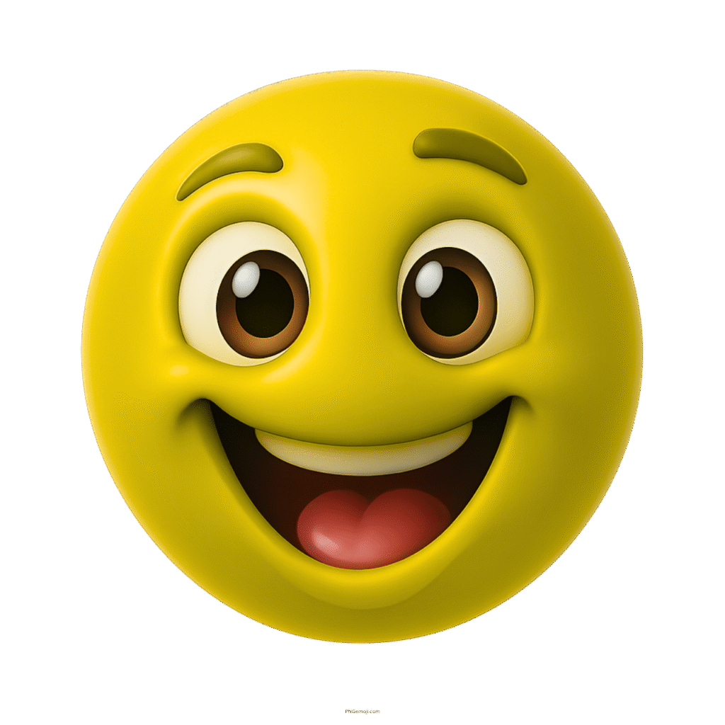 Playful yellow smiley emoji with joyful expression, big eyes, and smiling mouth in 3D