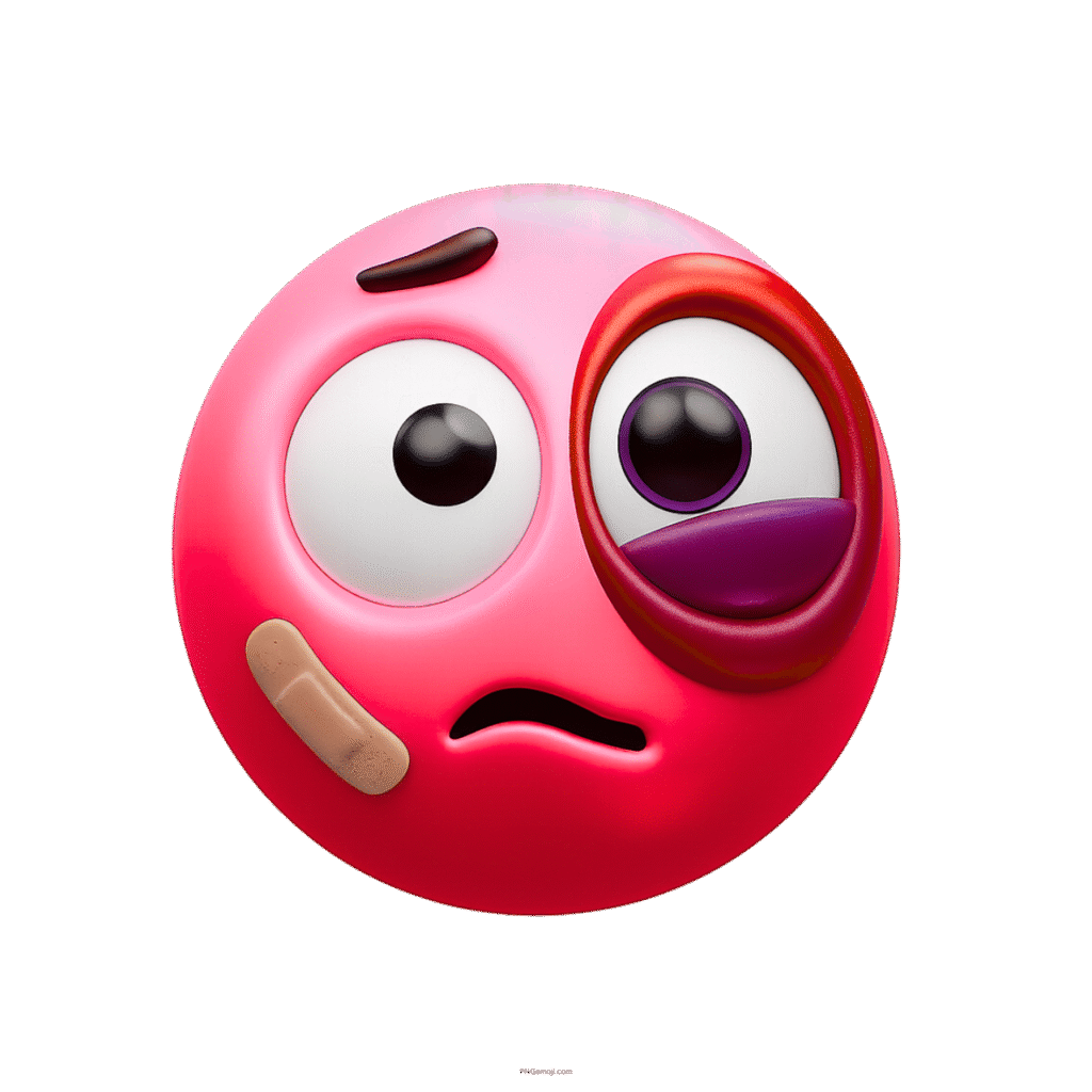 Punched face emoji with black eye, 3D cartoon injured smiley expression
