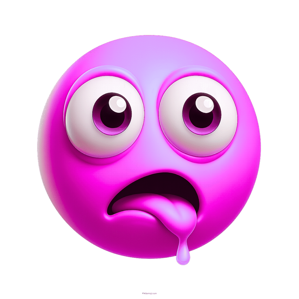 Purple 3D emoji face drooling with wide eyes and a hanging tongue