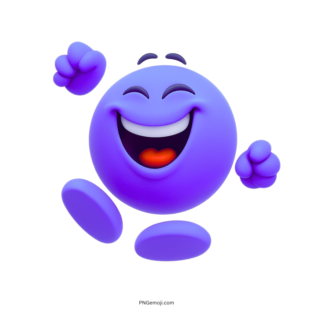 Purple 3D emoji jumping joyfully with hands up and a bright, happy smile