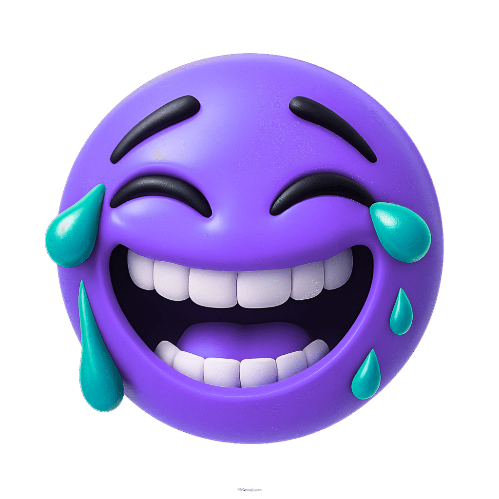 Playful purple 3D emoji laughing with wide smile and joyful blue tears