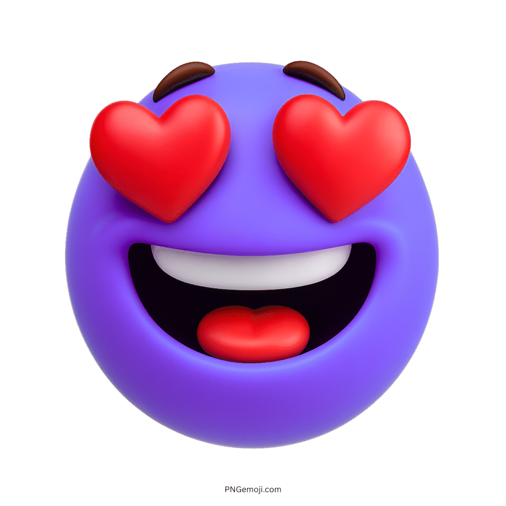 Purple 3D emoji with heart-shaped eyes and big loving smile expression