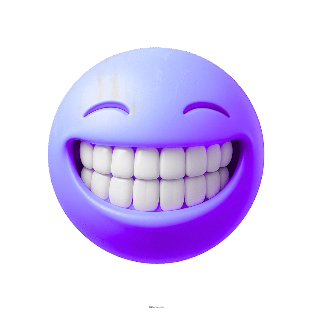 3D purple emoji face with big white teeth and happy smiling eyes expression