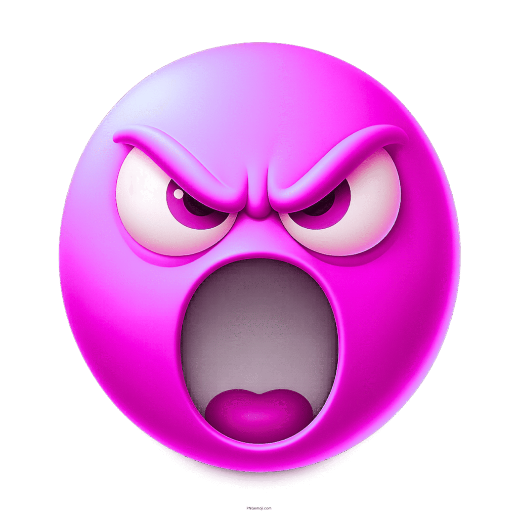 Purple emoji face showing anger with wide open mouth and fierce expression