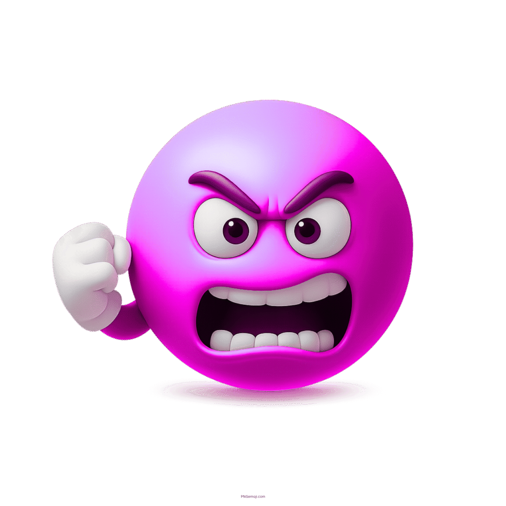 Purple 3D angry emoji with clenched fist and furious face in cartoon style