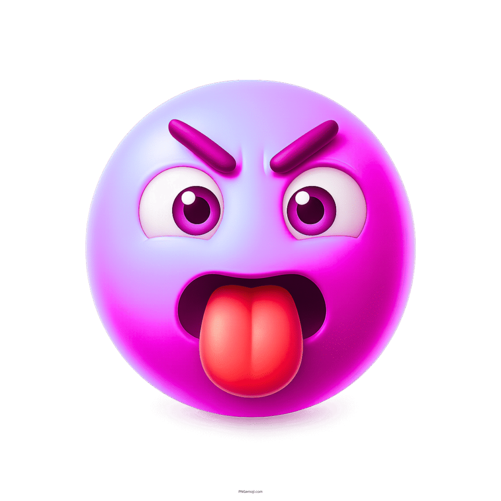 3D purple emoji with angry expression and tongue out showing frustration or mock anger