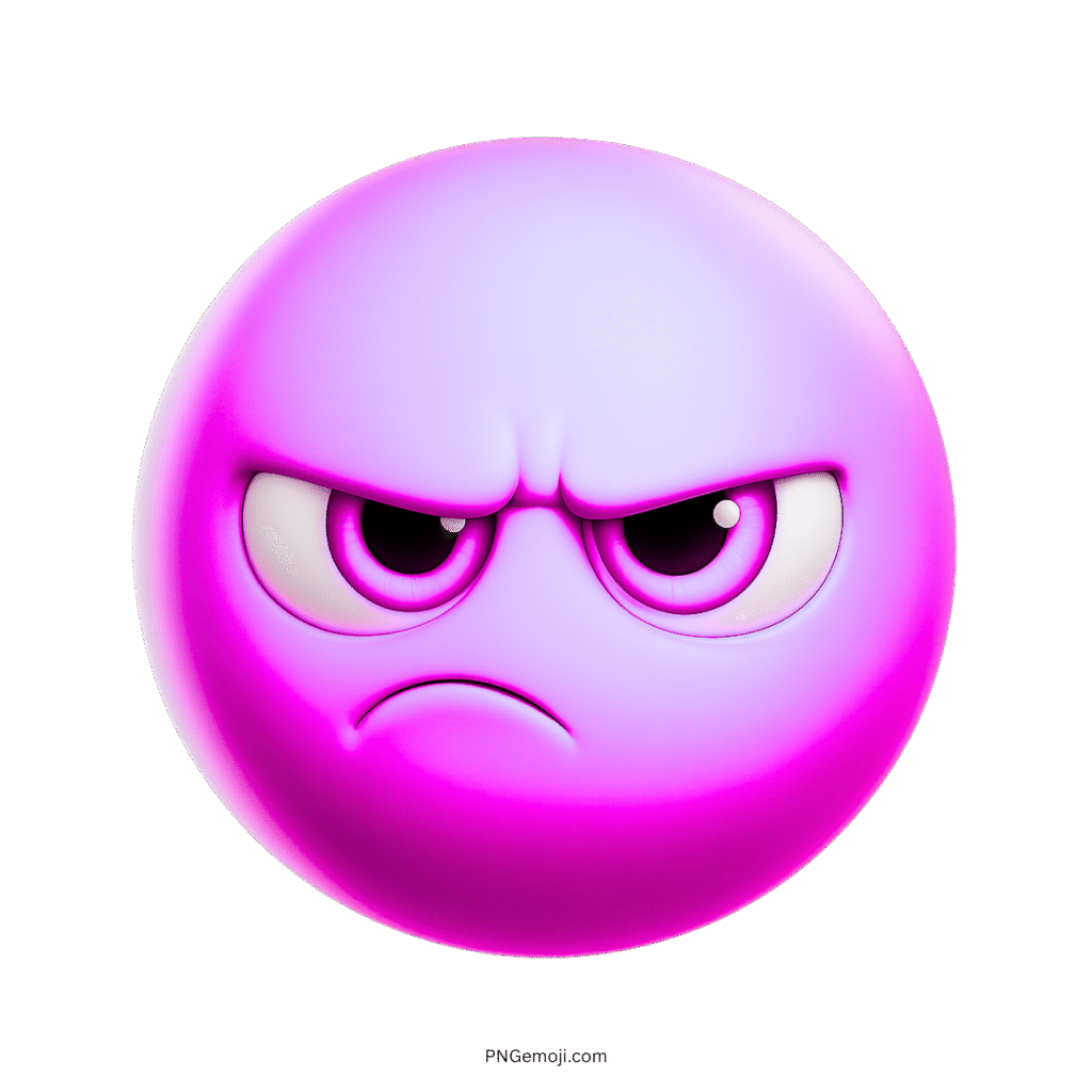 Purple grumpy face emoji with angry eyes and cartoon frustrated emotion expression