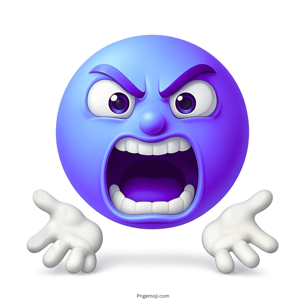Purple-blue emoji shouting in anger with hands raised and furious expression
