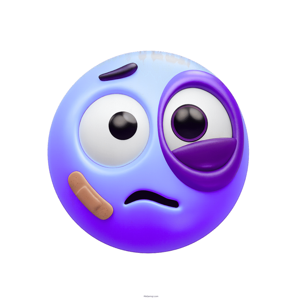 3D blue-purple emoji with bruised eye and bandage, showing hurt expression