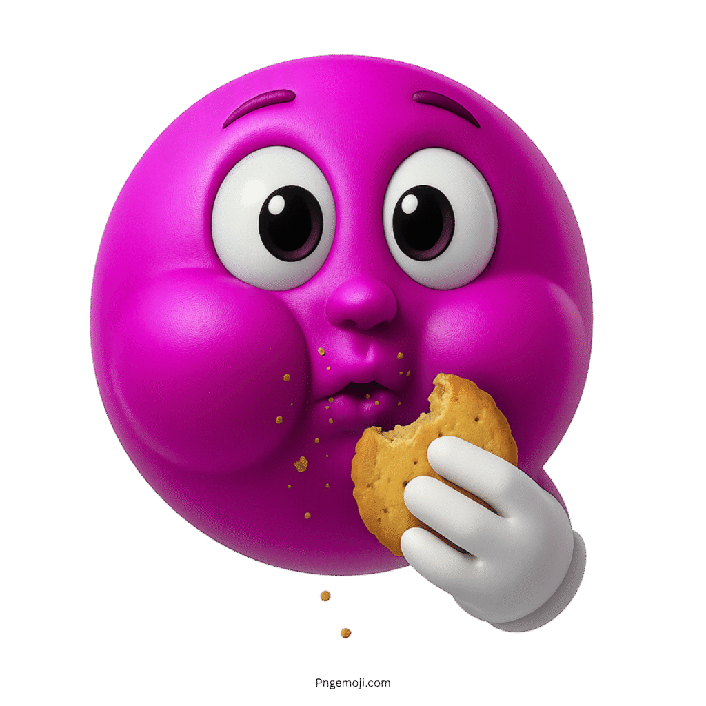 Purple emoji with chubby cheeks caught munching a cookie adorably