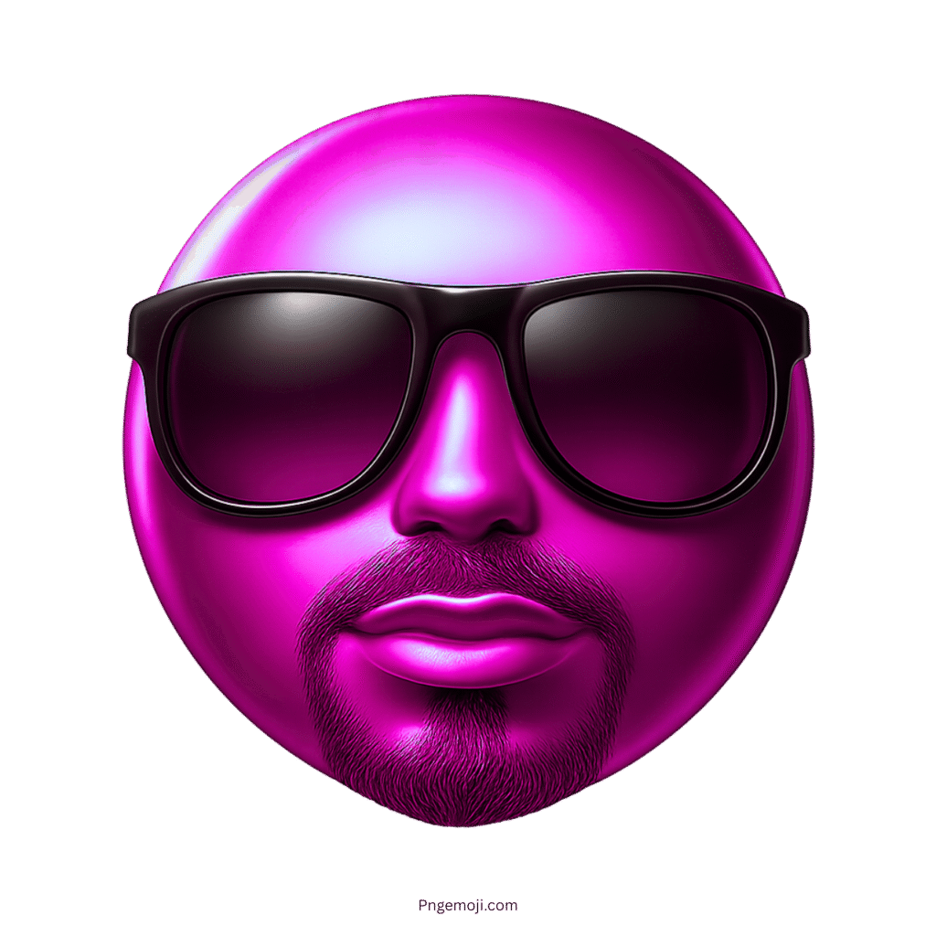 Vibrant purple emoji with beard wearing black sunglasses in high-gloss 3D style