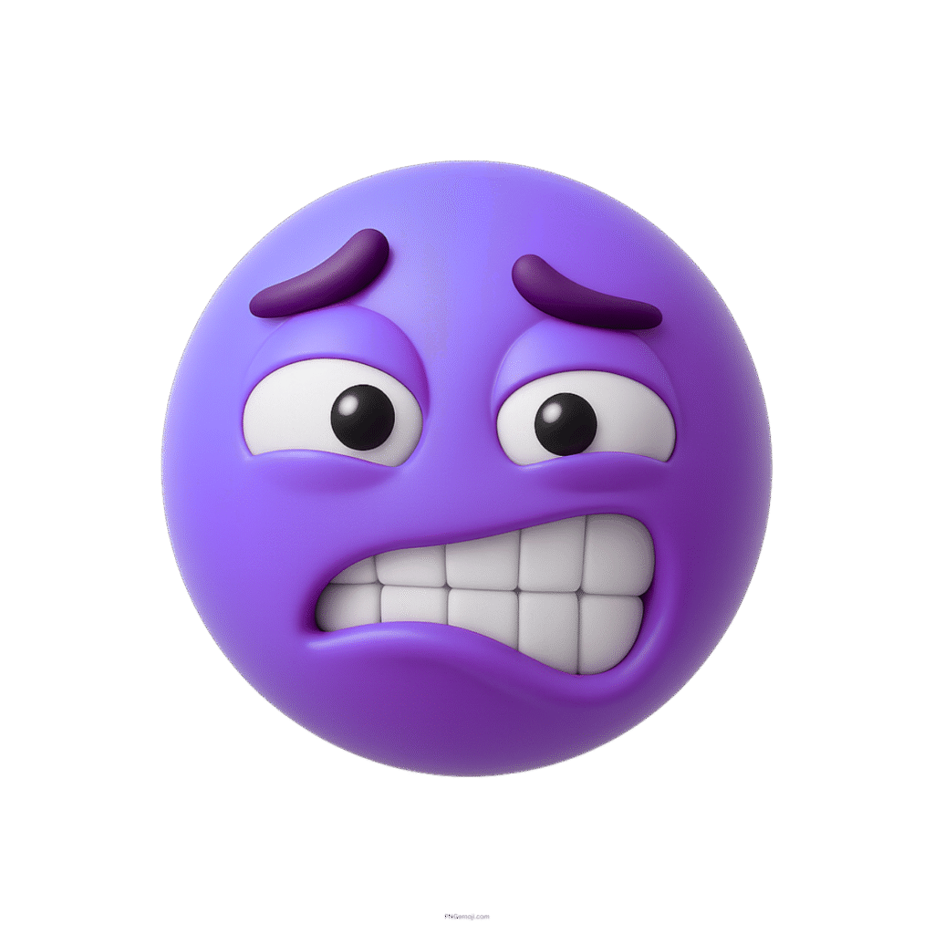 Purple emoji face showing cringe reaction with clenched teeth and worried eyebrows.