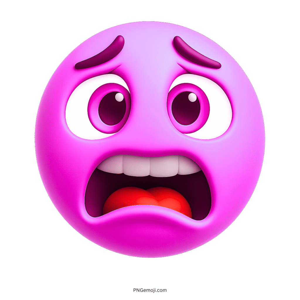 Purple eek emoji with wide eyes, nervous mouth, and frightened raised eyebrows