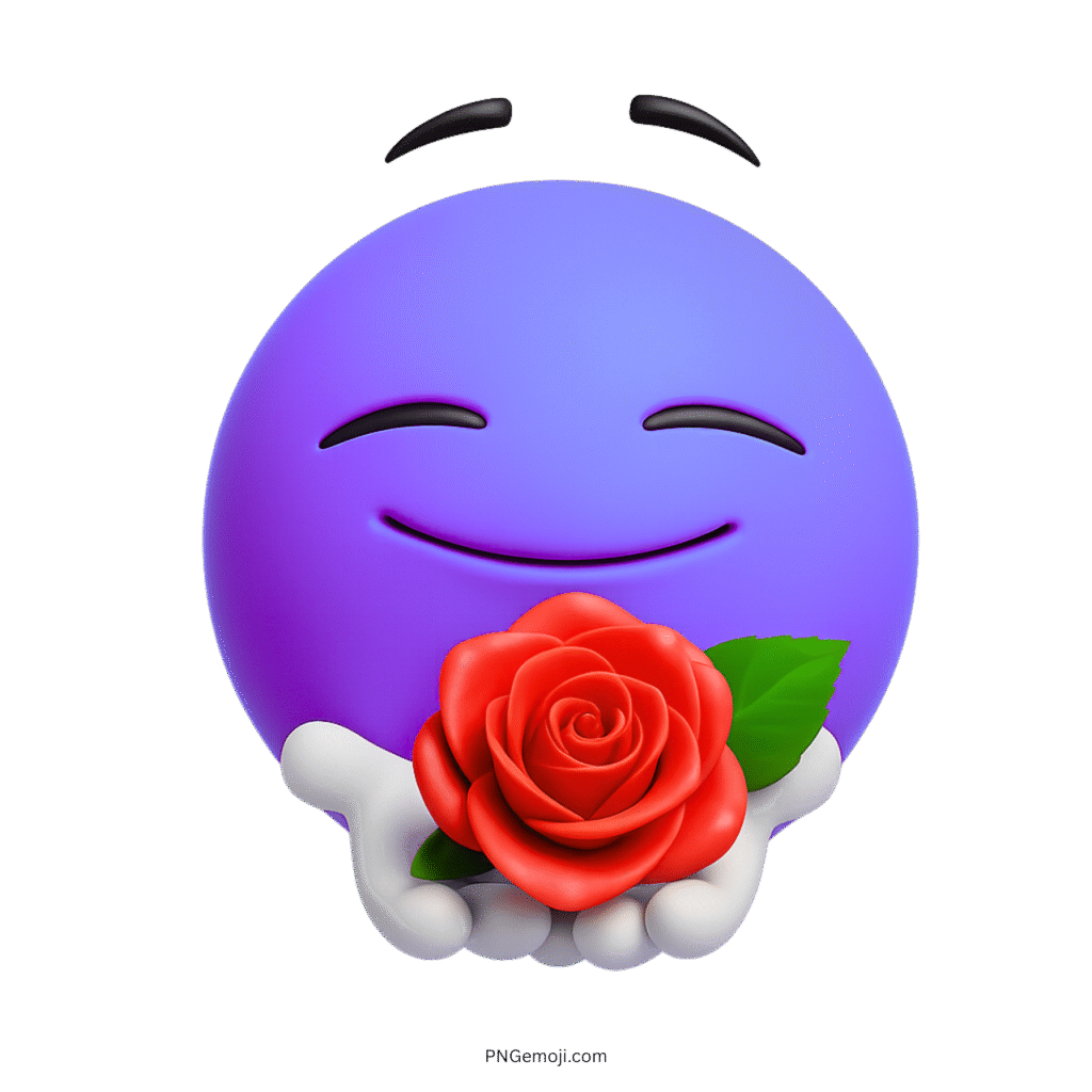 3D purple emoji offering red rose with gentle smile and relaxed eyes