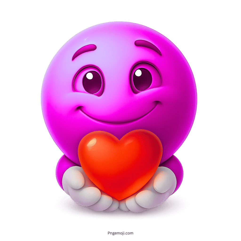 Purple happy emoji with a glowing red heart showing affection and emotional warmth