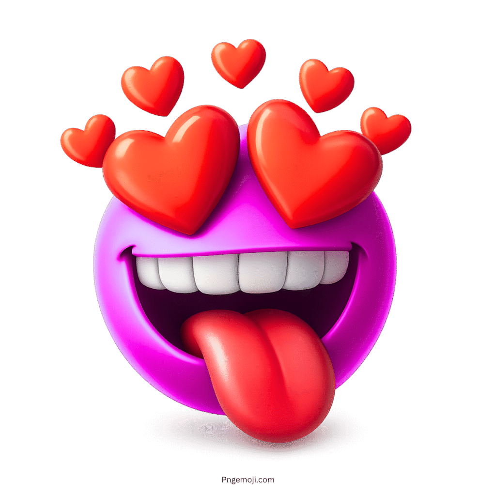 Purple emoji with red heart eyes and tongue out showing wild love, infatuation, and flirty energy