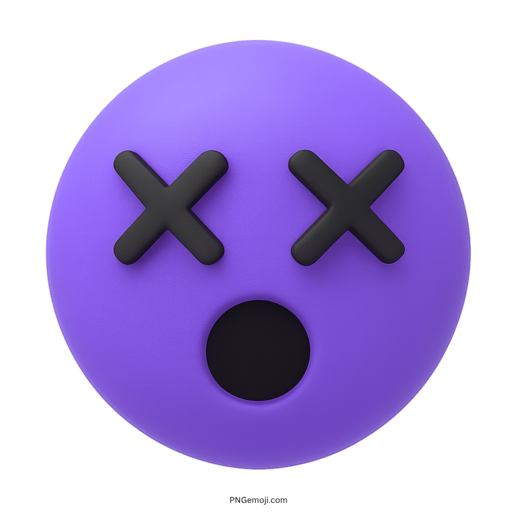 3D purple emoji with X eyes and open mouth expressing shock or silence