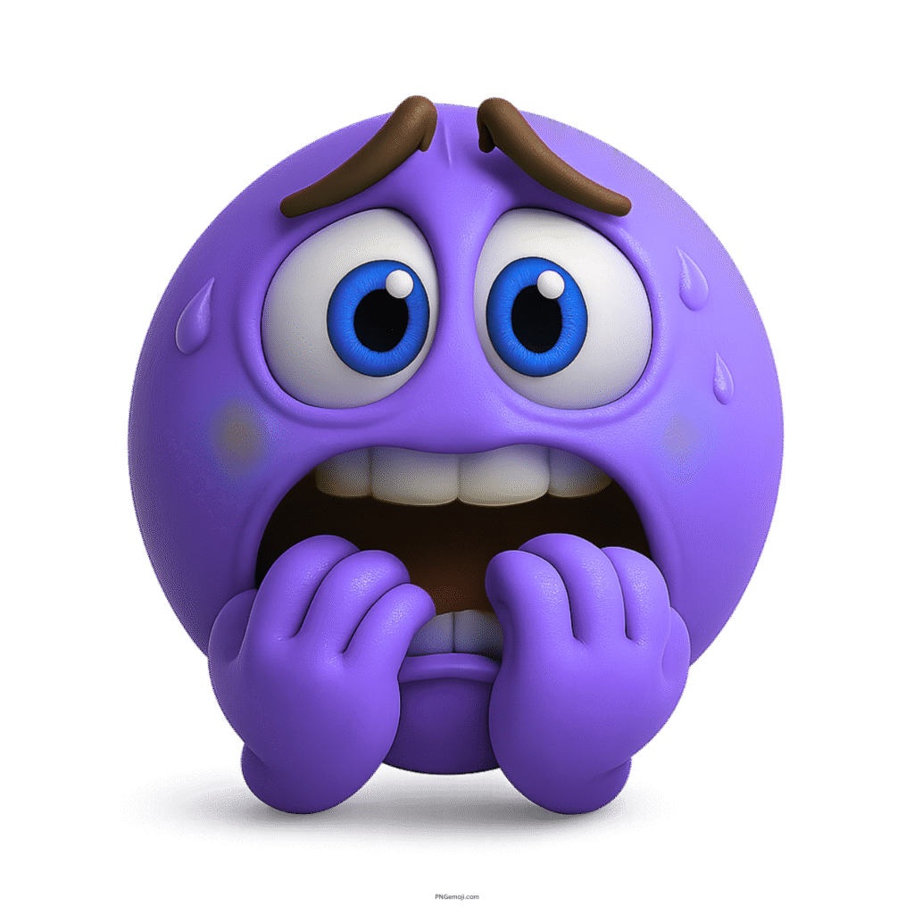 Purple scared emoji biting nails with sweat drops and anxious wide eyes
