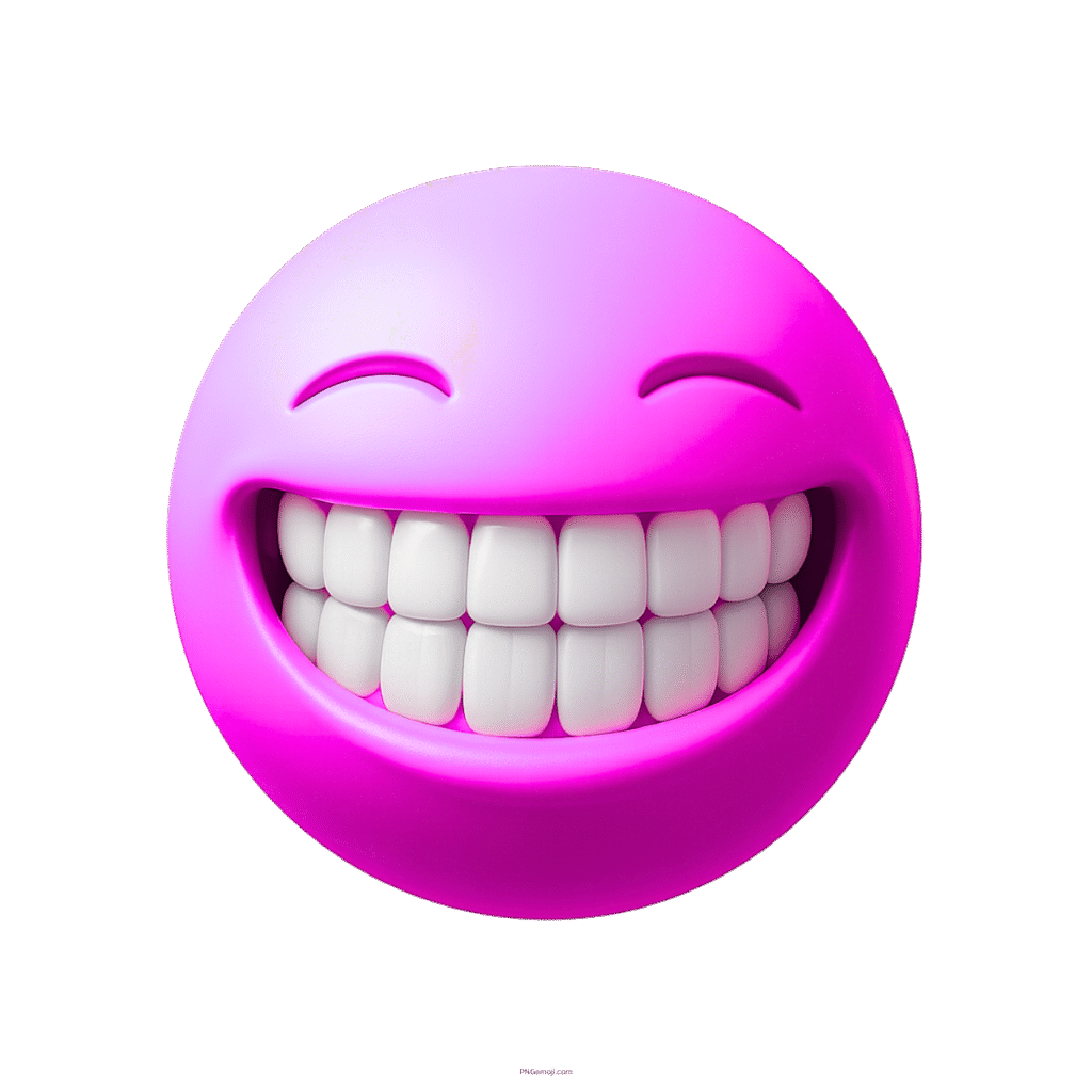 Bright purple-pink 3D emoji face with white teeth and smiling closed eyes